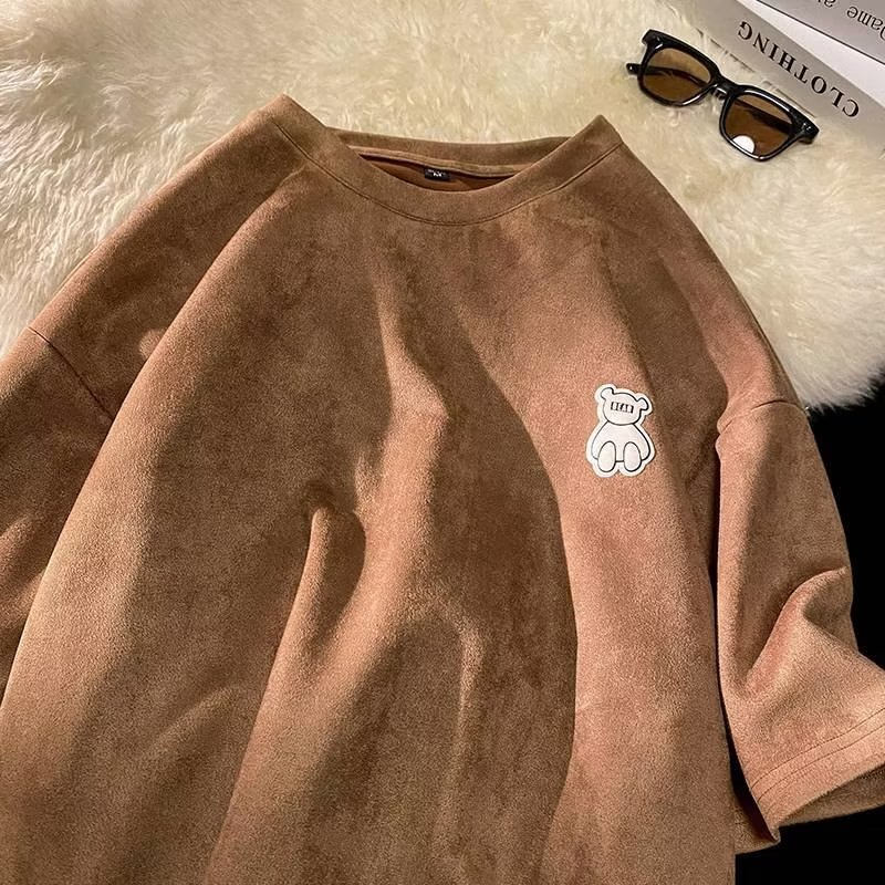 Áo Thun Tay Ngắn Dáng Rộng Chất Nhung Da Bò Phong Cách Thời Trang Đường Phố Mới