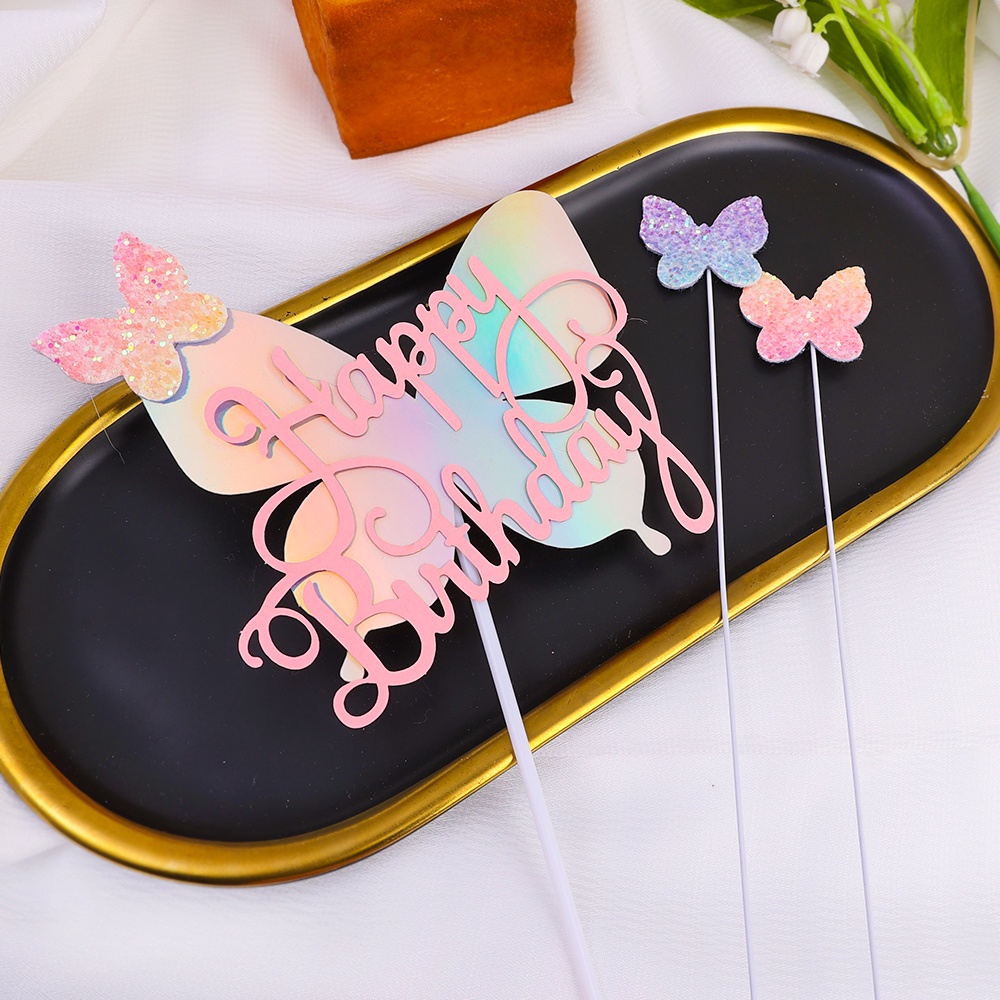 Set 1 / 5 Que Cắm Trang Trí Bánh Hình Bướm Màu Laser Dễ Thương Sáng Tạo DIY