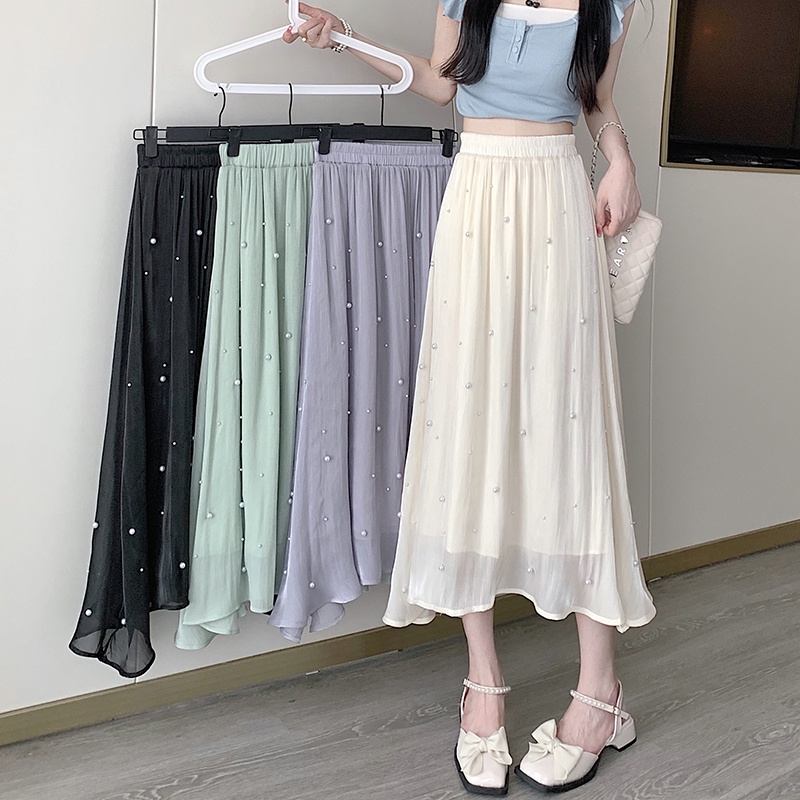SUXI Chân Váy Midi Dáng Chữ A Lưng Cao Màu Trơn Đính Ngọc Trai Thời Trang Mùa Hè Xinh Xắn Cho Nữ