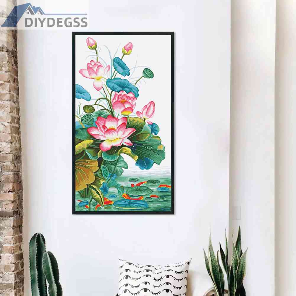 Bộ Tranh Thêu Chữ Thập DIY Hình Chín Con Cá Và Hoa Sen 11CT