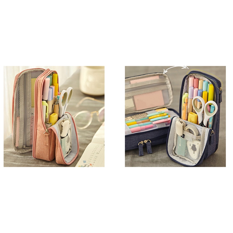 Set 2 Túi Đựng Bút Hai Ngăn Có Thể Gập Lại Màu Hồng Và Đen