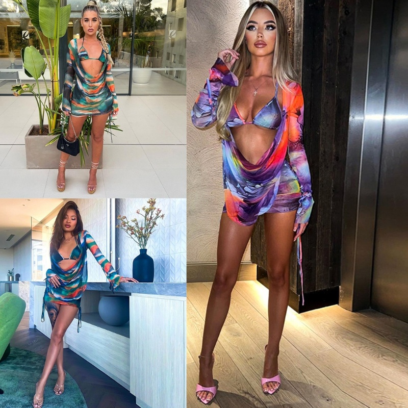 Set Đồ Bơi Bikini Dạng Lưới Dài Tay + Chân Váy Rút Dây Quyến Rũ Dành Cho Nữ