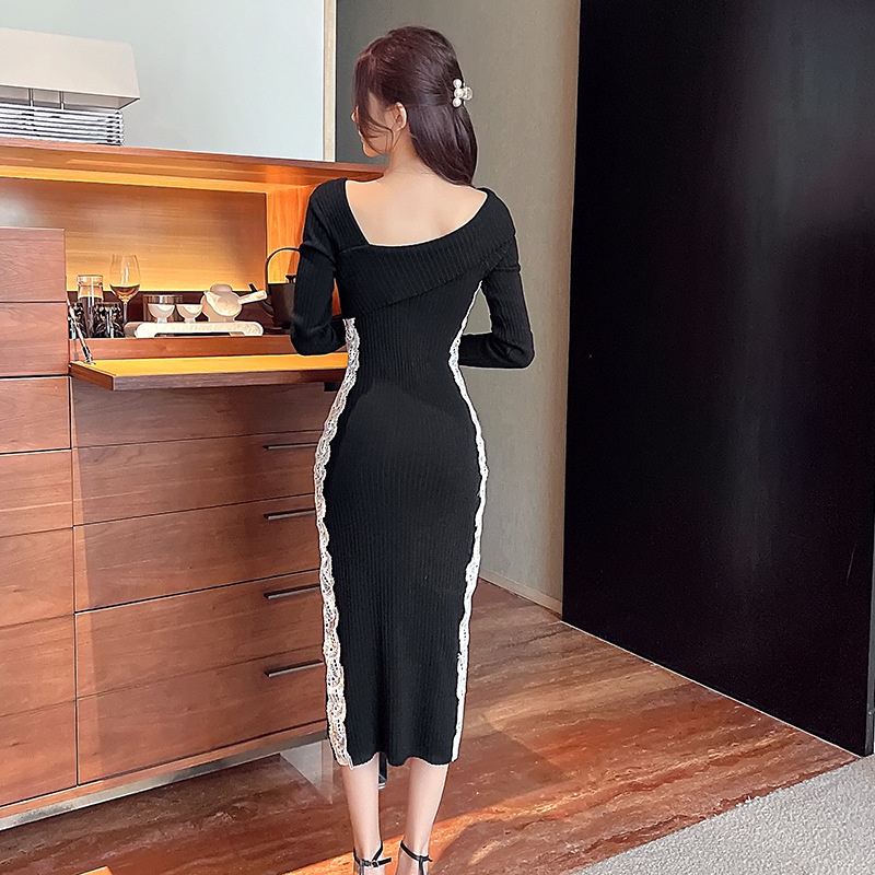 IELGY   Đầm Dệt Kim Dáng Dài Ôm Cơ Thể Phong Cách Pháp Thời Trang Cho Nữ