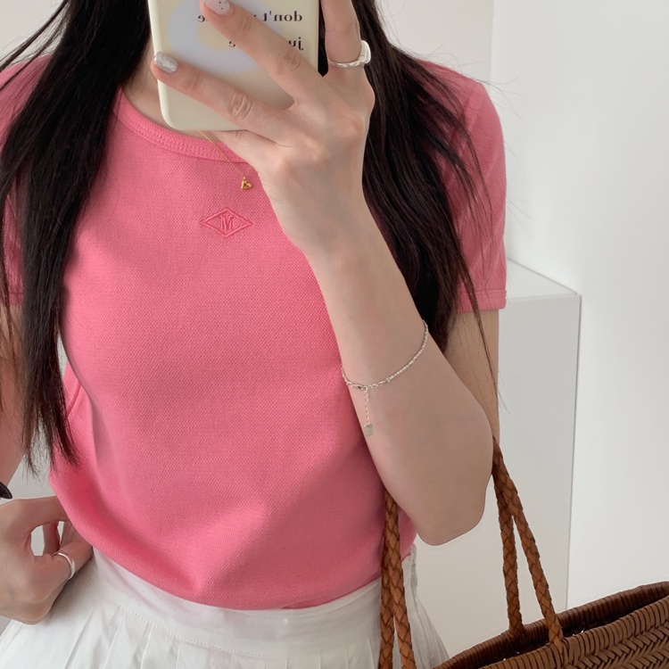 SUXI Áo Thun Tay Ngắn Màu Sắc Đơn Giản Thêu Họa Tiết Phong Cách Hàn Quốc Cho Nữ