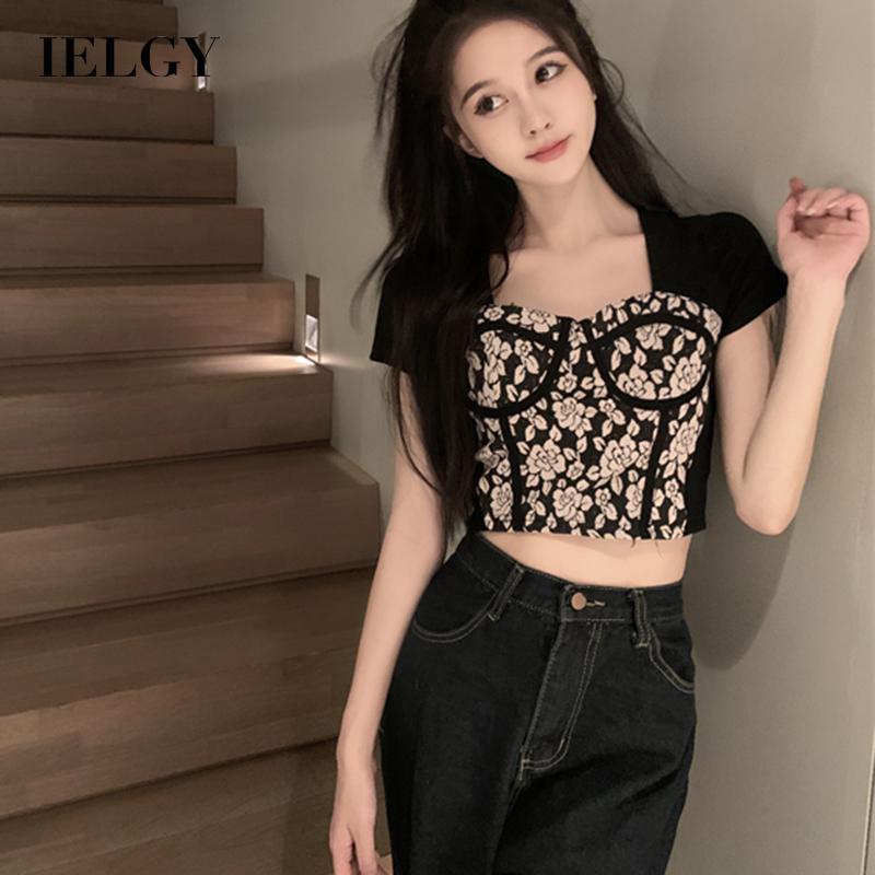 IELGY   Áo Thun Tay Ngắn In Họa Tiết Màu Sắc Tương Phản Phong Cách hong kong Thời Trang Cho Nữ