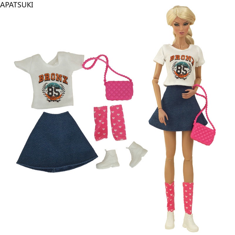 Bộ Trang Phục Gồm Áo Thun + Chân Váy + Túi Đựng Dành Cho Búp Bê Barbie Tỷ Lệ 1 / 6