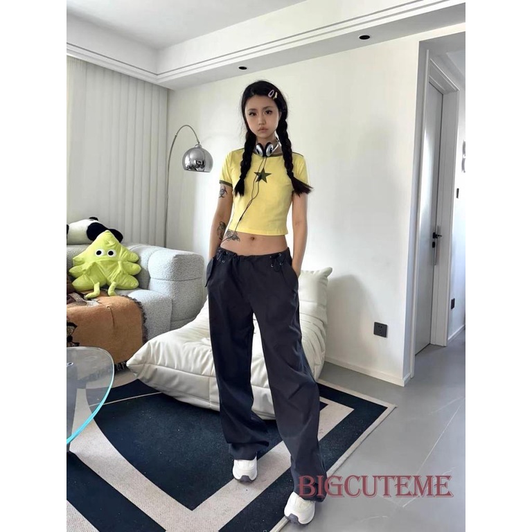 Áo Croptop Tay Ngắn Cổ Tròn Màu Sắc Tương Phản In Họa Tiết Ngôi Sao Thời Trang Cho Nữ