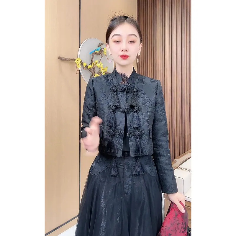 Set Áo Khoác Và Chân Váy Thiết Kế Tua Rua Phong Cách Retro Cho Nữ