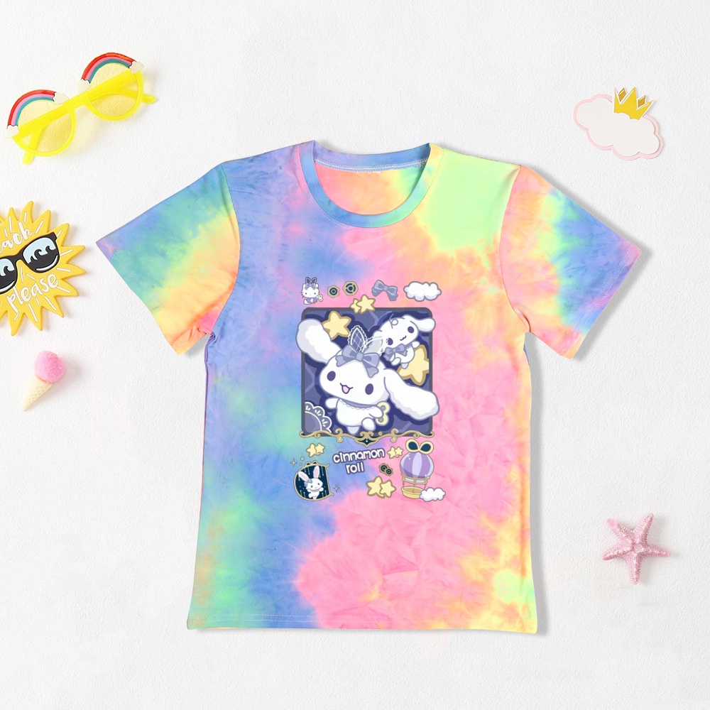 Cinnamoroll Áo Sơ Mi Dây Buộc Thời Trang Thuốc Nhuộm Mùa Hè Trẻ Em Quần Áo Tay Ngắn Bé Trai Bé Gái Cinnamoroll Hoạt Hình Áo Sơ Mi