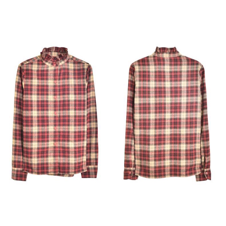 Áo Sơ Mi Cổ Đứng Chất Liệu Cotton Mềm Họa Tiết Sọc Caro Phong Cách Retro Hàn Quốc