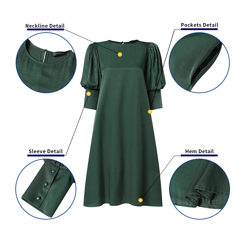 Đầm ZANZEA tay phồng cổ tròn màu trơn phong cách châu Âu thời trang cho nữ