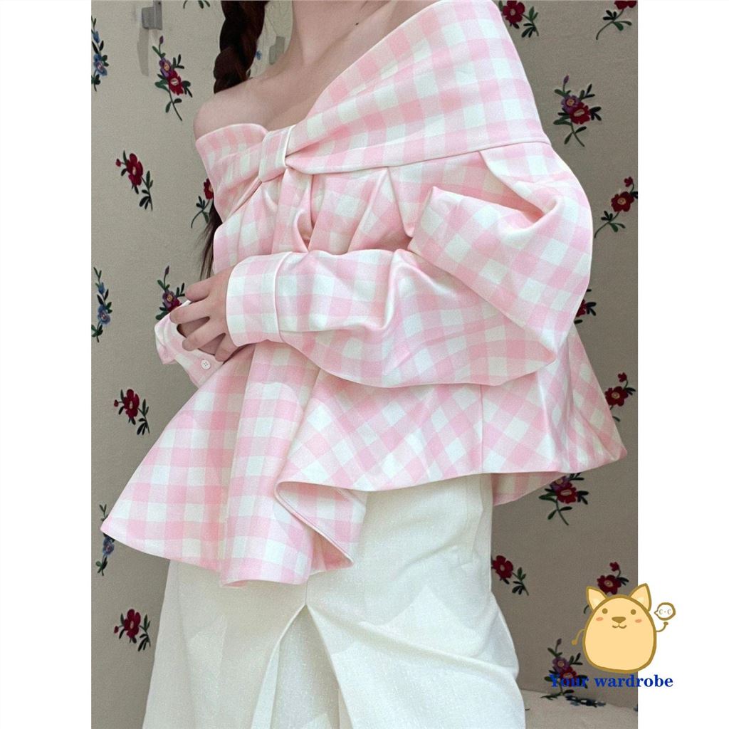 One Áo Sơ Mi Ca Rô Trễ Vai Thắt Nơ Xinh Xắn Theo Phong Cách Mùa Xuân 2023