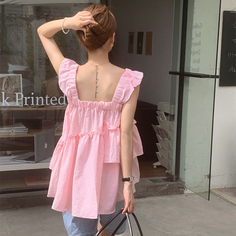 Áo Hai Dây Dáng Rộng Họa Tiết Sọc Caro Phong Cách Pháp Thời Trang Mùa Hè Cá Tính