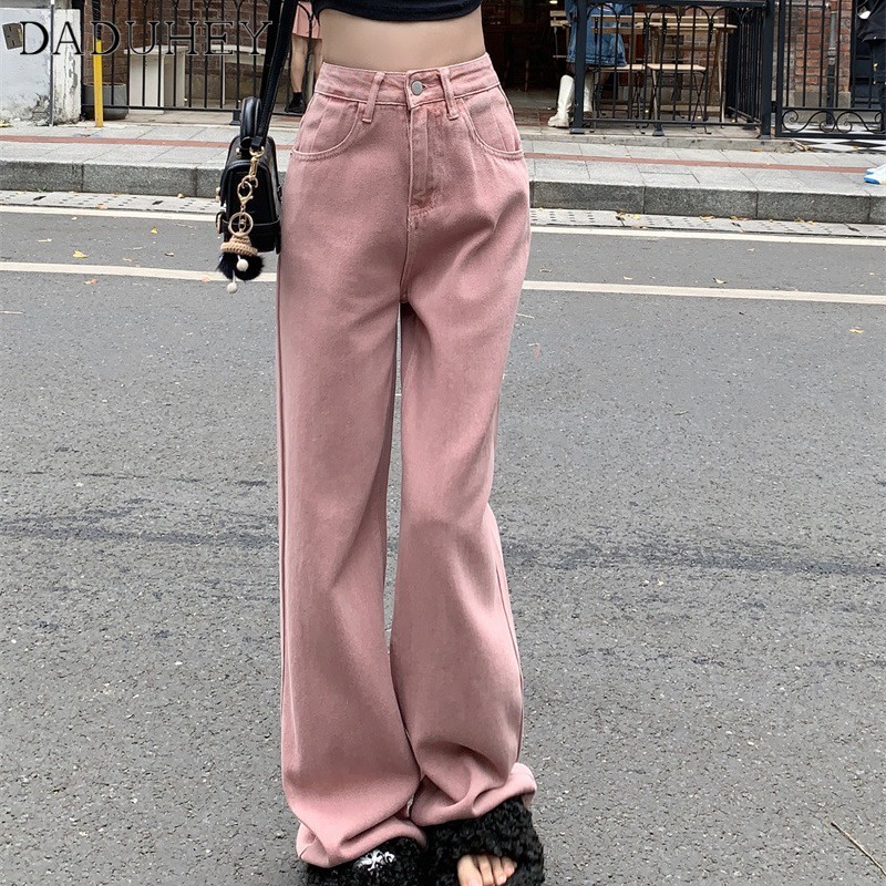 Quần jean DADUHEY lưng cao dáng rộng màu hồng thời trang phong cách Hàn Quốc xinh xắn cho nữ