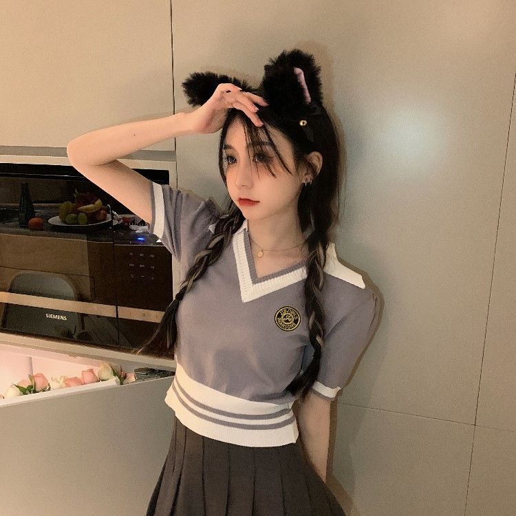 áo croptop len dệt kim tay ngắn kiểu cổ polo dáng ôm thời trang mùa hè 2023 phong cách mới