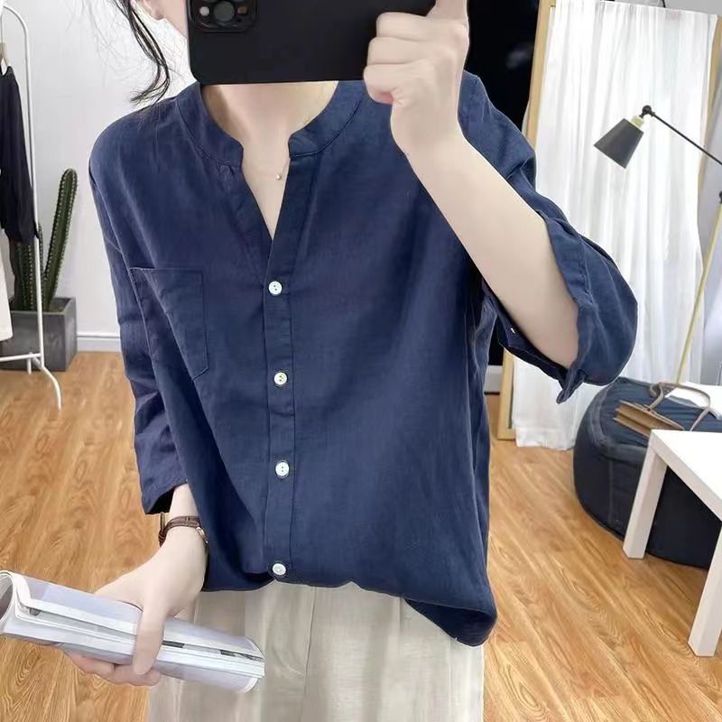Áo Sơ Mi Vải Lanh Cotton Tay Lửng Cổ Chữ V Màu Sắc Trơn Phong Cách Retro Dành Cho Nữ