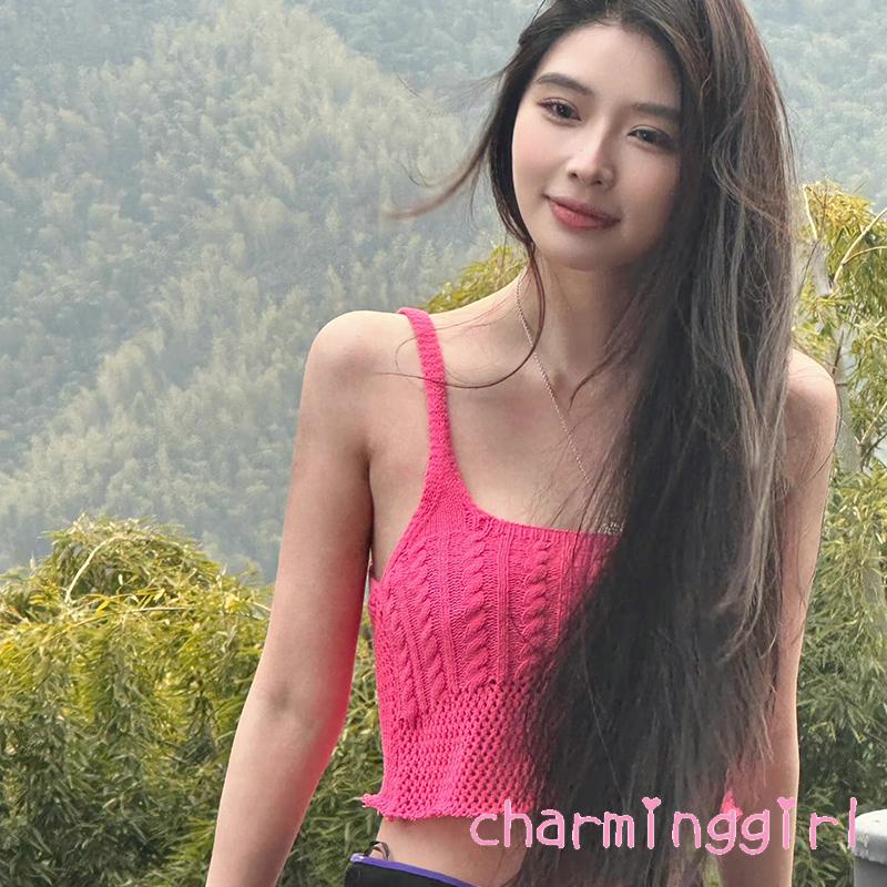 Áo Croptop Dệt Kim Không Tay Màu Sắc Đơn Giản Cho Nữ