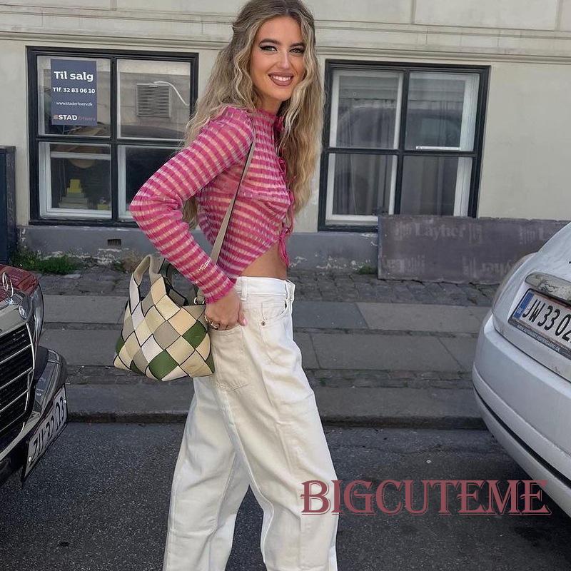 [] Áo Thun Crop Top Tay Dài Cổ Thuyền Họa Tiết Kẻ Sọc Buộc Dây Phía Trước Cho Nữ