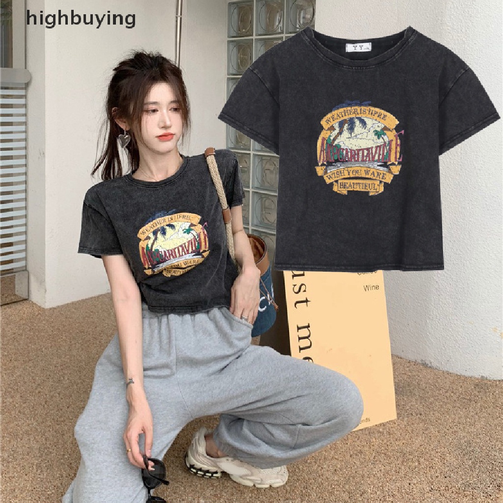 Áo Thun Croptop Tay Ngắn Cổ Tròn Dáng Rộng In Họa Tiết Kiểu Retro Mỹ Xinh Xắn Cho Nữ
