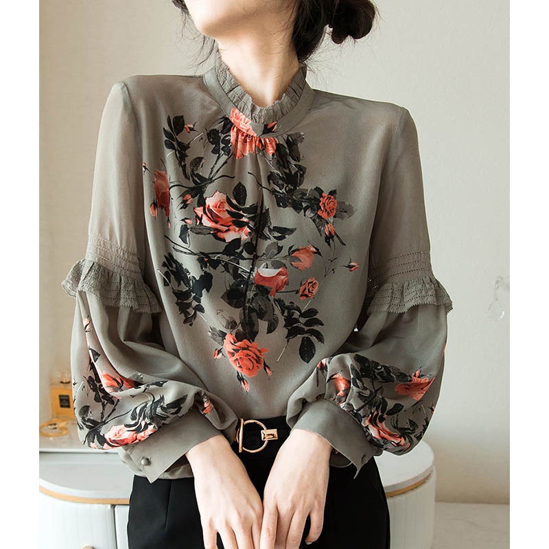 Áo Sơ Mi Tay Phồng Cổ Đứng Cỡ Lớn Thoáng Khí Thoải Mái Thời Trang Phong Cách Hàn Quốc