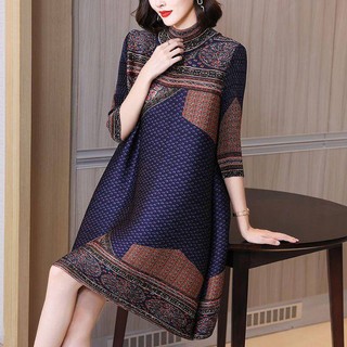 Miyake Phong Cách Nhăn Đầm Xếp Ly Đầu Thu Đầm Thời Trang Phong Cách Mới Sang Trọng Thanh Lịch Giảm Tuổi Rời In Hình Plus Kích Thước Đầm Nữ Có Sẵn
