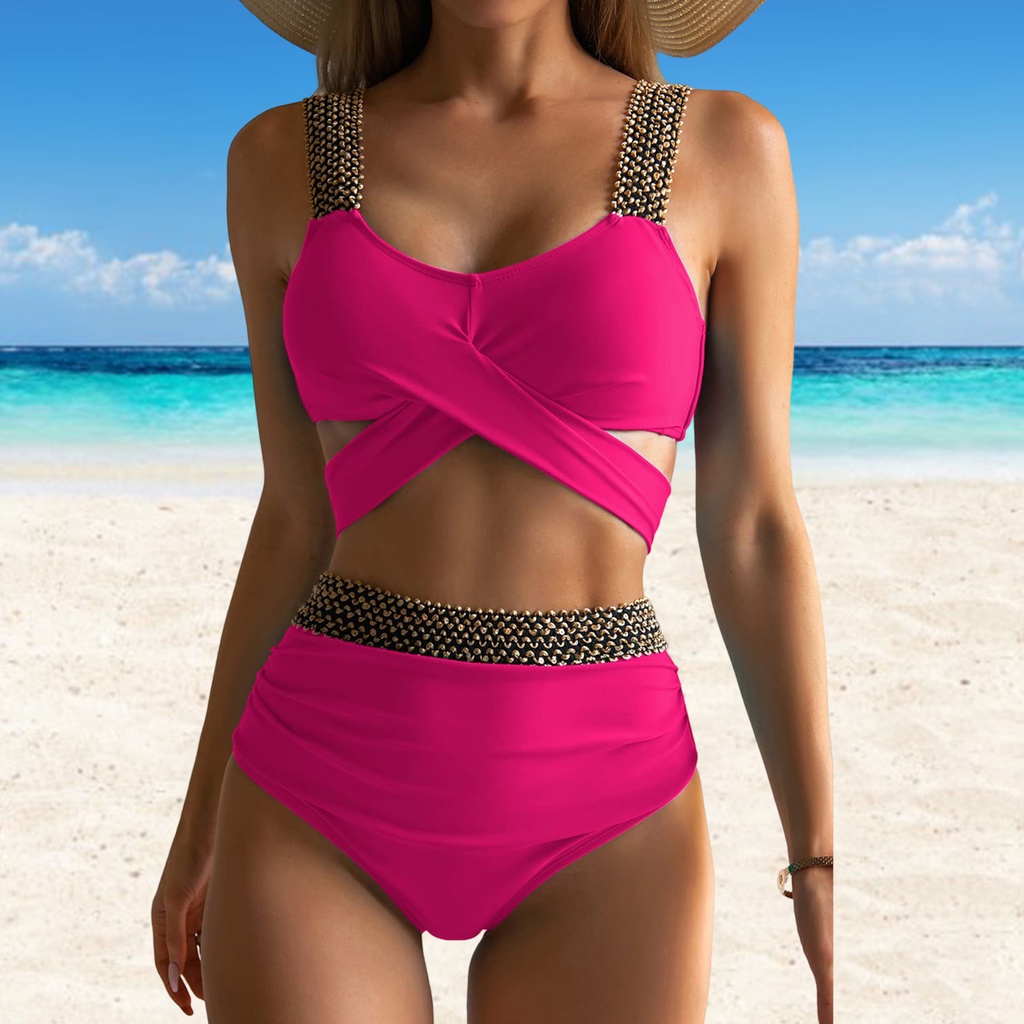 1 Bộ Đồ Bơi Hai Mảnh Dây Chéo Có Đệm Nâng Ngực Màu Sắc Trơn Quyến Rũ Dành Cho Nữ