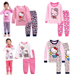 Bộ pijama tay dài + quần dài hình hello kitty cho bé gái