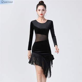 Đầm Khiêu Vũ Latin Vải Nhung Phối Lưới Tua Rua Phong Cách Hàn Quốc Gợi Cảm Dành Cho Bạn Nữ
