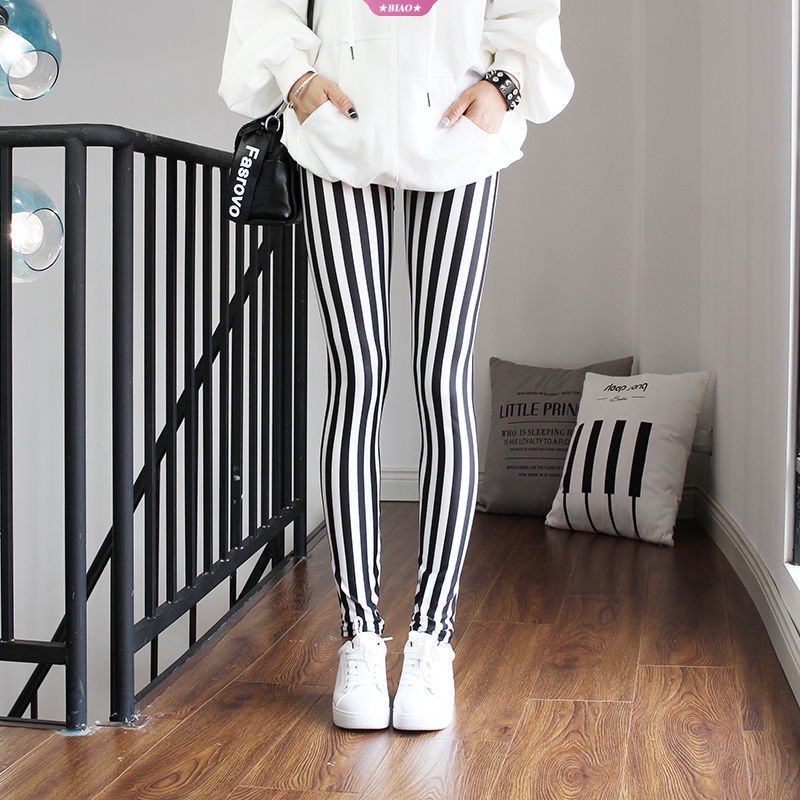 Mới Quần Legging Nữ Sọc Trắng Đen Thời Trang