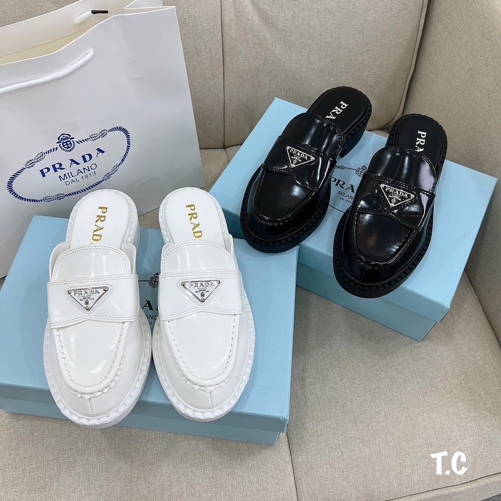 Giày Sục Prada Nữ Da Bóng Thời Trang Đế Cao 5cm