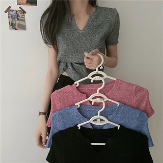 Áo thun tay ngắn lụa băng cổ chữ V thiết kế mới cho nữ