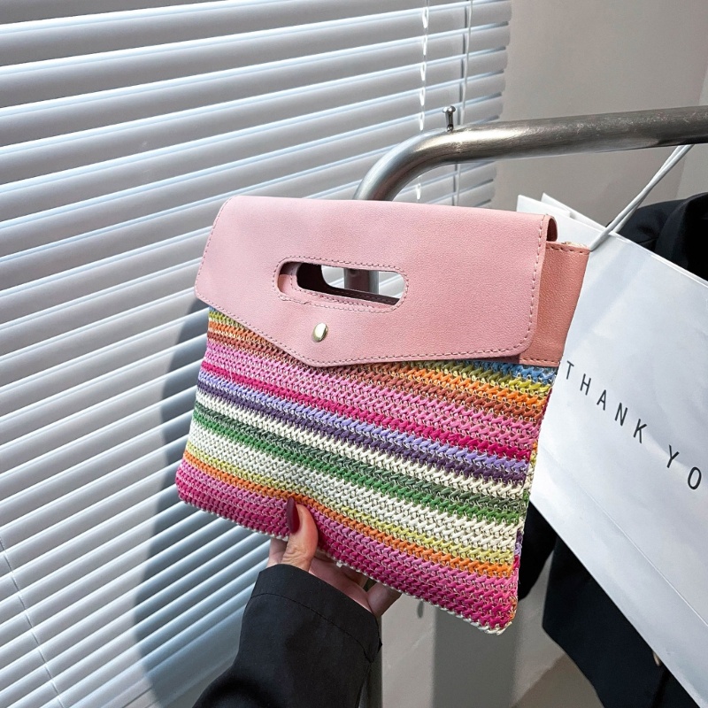 Túi Xách Đan Lát Họa Tiết Kẻ Sọc Cầu Vồng Phong Cách Bohemia