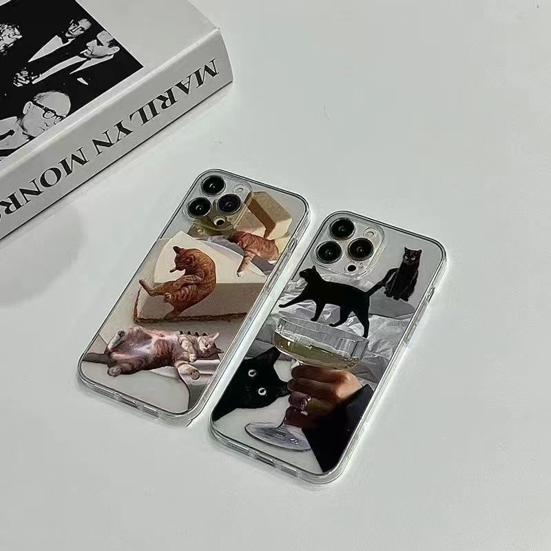 ✅Ốp Điện Thoại Silicon Mềm Chống Sốc Hình Mèo Uống Rượu Mặt Kính 8Pin Cho iPhone 13 14promax 12 11 xr U3G2