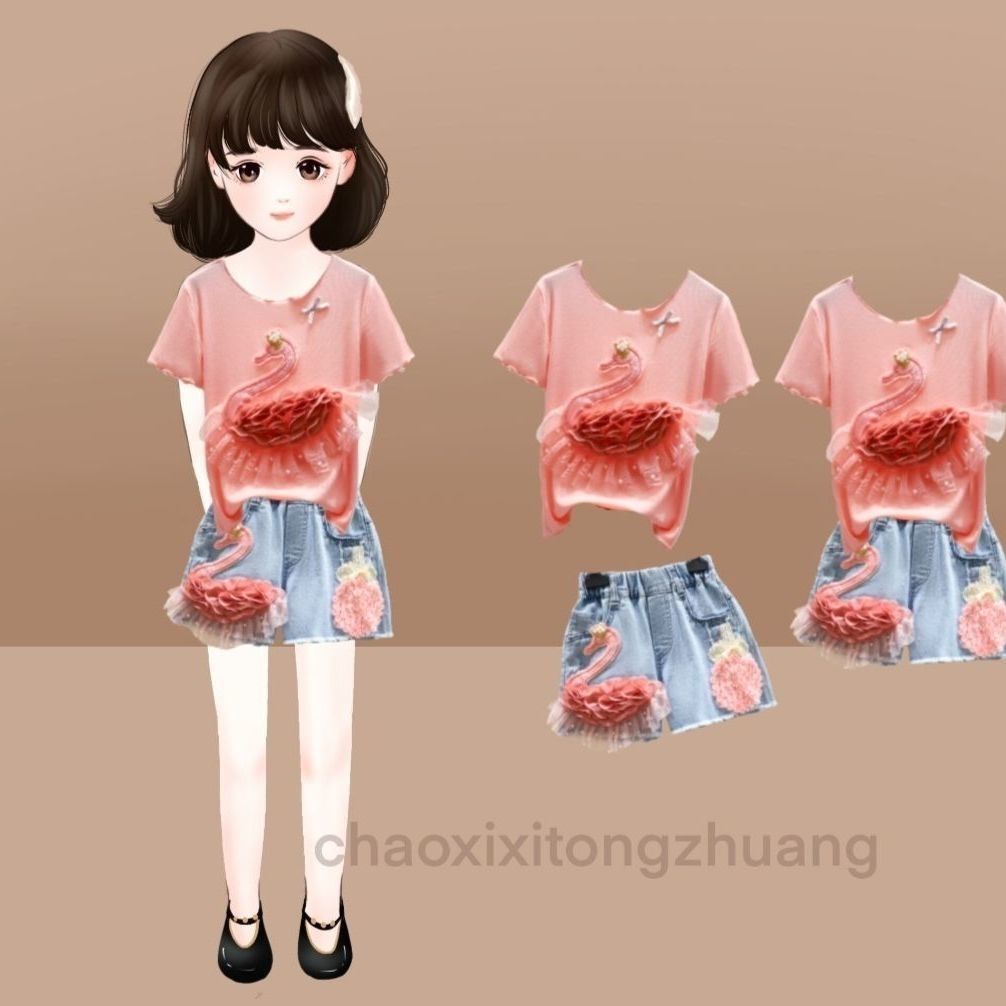 Áo Thun Tay Ngắn In Hình Thiên Nga Hoạt Hình Dễ Phối Đồ Thời Trang Mùa Hè Cho Bé Gái