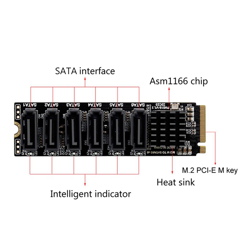 PCIE to SATA 6Gpbsx6-Port Expansion Card+SATA Cable M.2 MKEY PCI-E Riser Card M.2 NVME to SATA3.0 ASM1166 Support PM