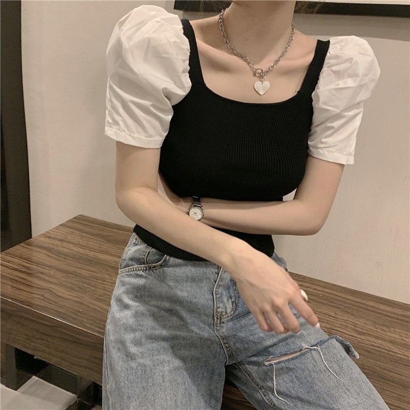 áo croptop dệt kim tay ngắn len trễ vai nữ cổ vuông dáng ôm thời trang mùa hè 2023 phong cách cổ điển dành cho bạn nữ