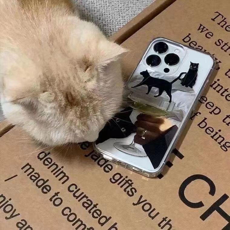 ✅Ốp Điện Thoại Silicon Mềm Chống Sốc Hình Mèo Uống Rượu Mặt Kính 8Pin Cho iPhone 13 14promax 12 11 xr U3G2