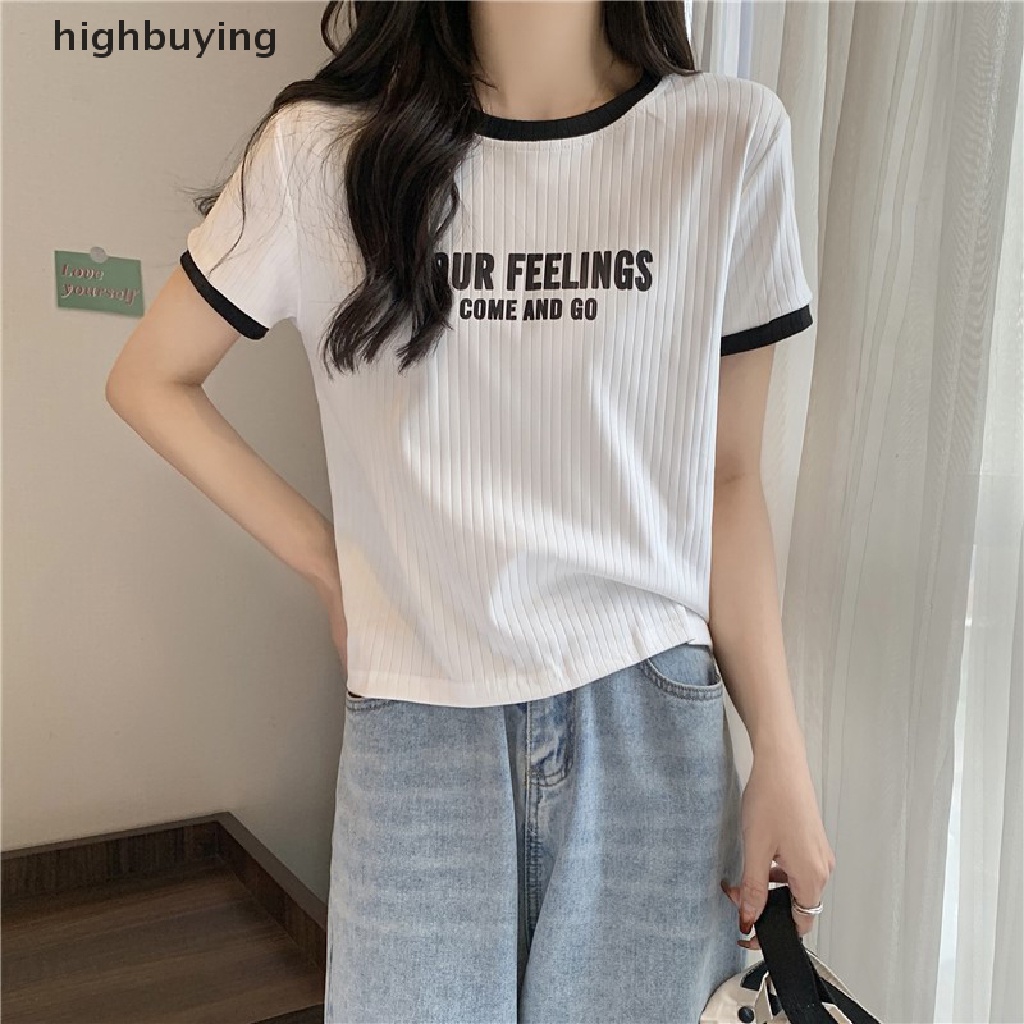 Áo Thun Tay Ngắn Cổ Tròn In Chữ Màu Sắc Tương Phản Thời Trang Mùa Hè Cho Nữ