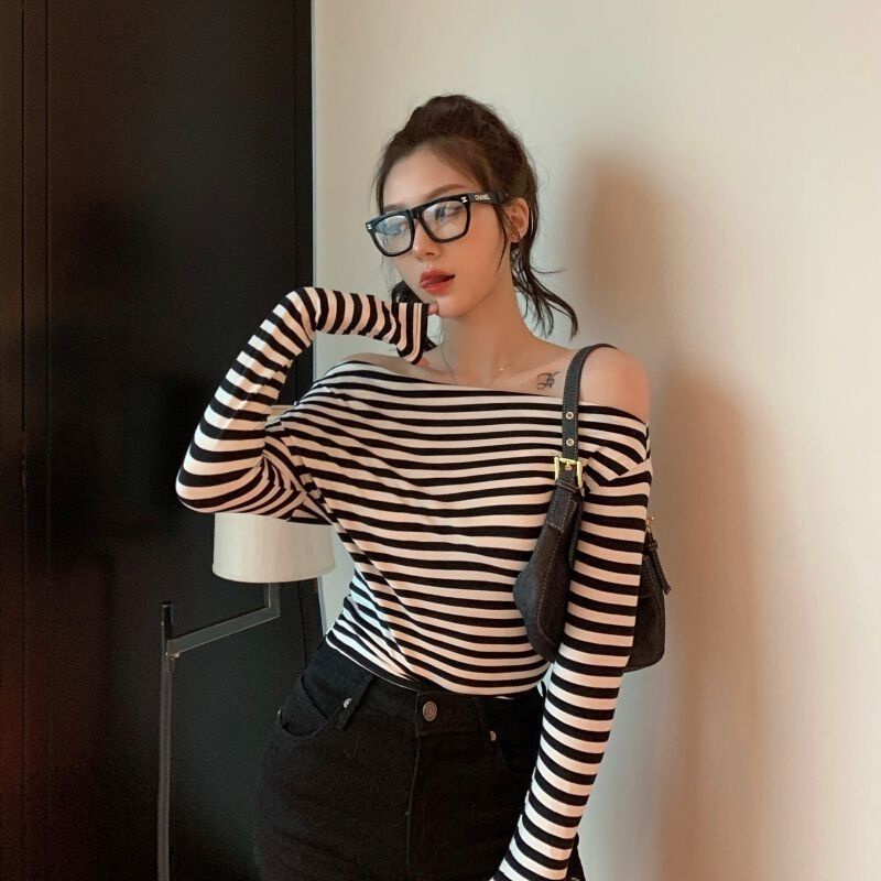 Áo Thun Trễ Vai Họa Tiết Kẻ Sọc Thiết Kế Mới Quyến Rũ Thời Trang Dành Cho Nữ