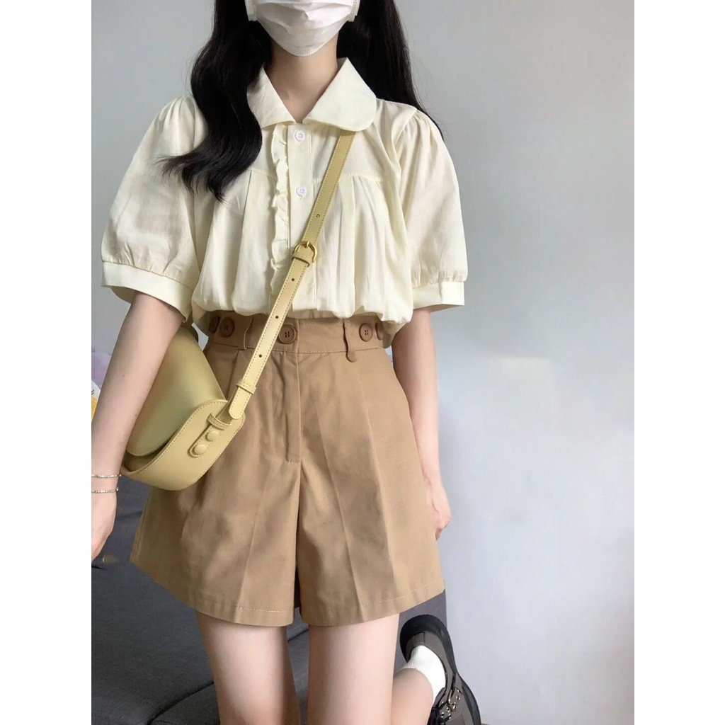 Set Áo Sơ Mi Tay Ngắn Phồng + Quần Short Kaki Phong Cách Preppy Thời Trang Mùa Hè Mới Cho Nữ