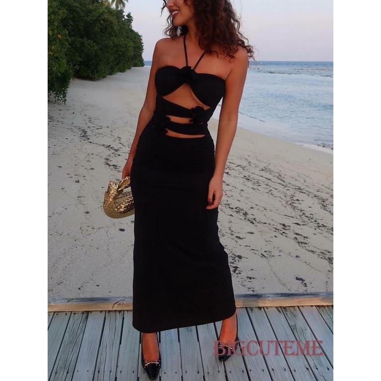[] Đầm Dài Không Tay Dáng Ôm Hở Lưng Màu Đen Thời Trang Mùa Hè Cho Nữ