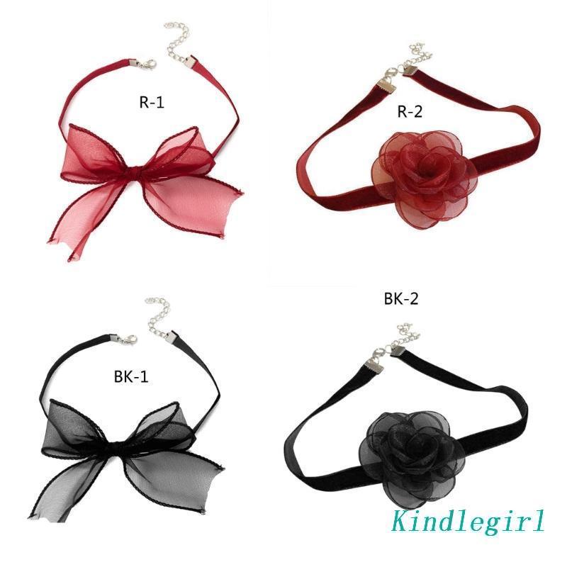 Vòng Cổ Choker Dây Ruy Băng Dài Thắt Nơ Hoa Màu Đỏ Đen Đơn Giản Gợi Cảm