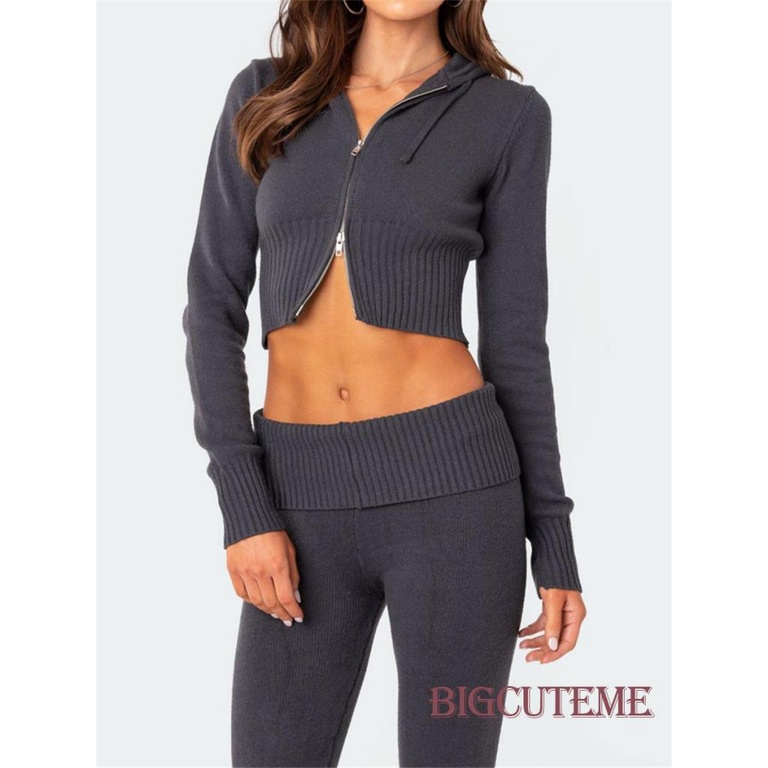 Set Đồ Mùa Thu 2 Món Gồm Áo Tay Dài Có Khóa Kéo + Quần Ống Loe Màu Trơn Cho Nữ