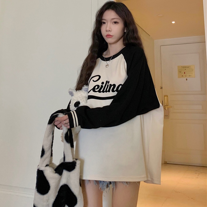 IELGY  Áo sweater Tay raglan In Chữ Phong Cách retro Mỹ Cho Nữ