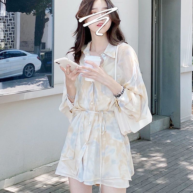 2023 mùa hè phiên bản hàn quốc mới áo chống nắng áo sơ mi + quần short chân rộng của phụ nữ hai mảnh