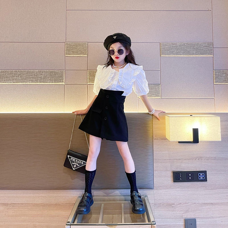 Set Áo Sơ Mi Tay Ngắn + Chân Váy Ngắn Thời Trang Mùa Hè Cho Bé Gái 5-8 - 12-14 Tuổi