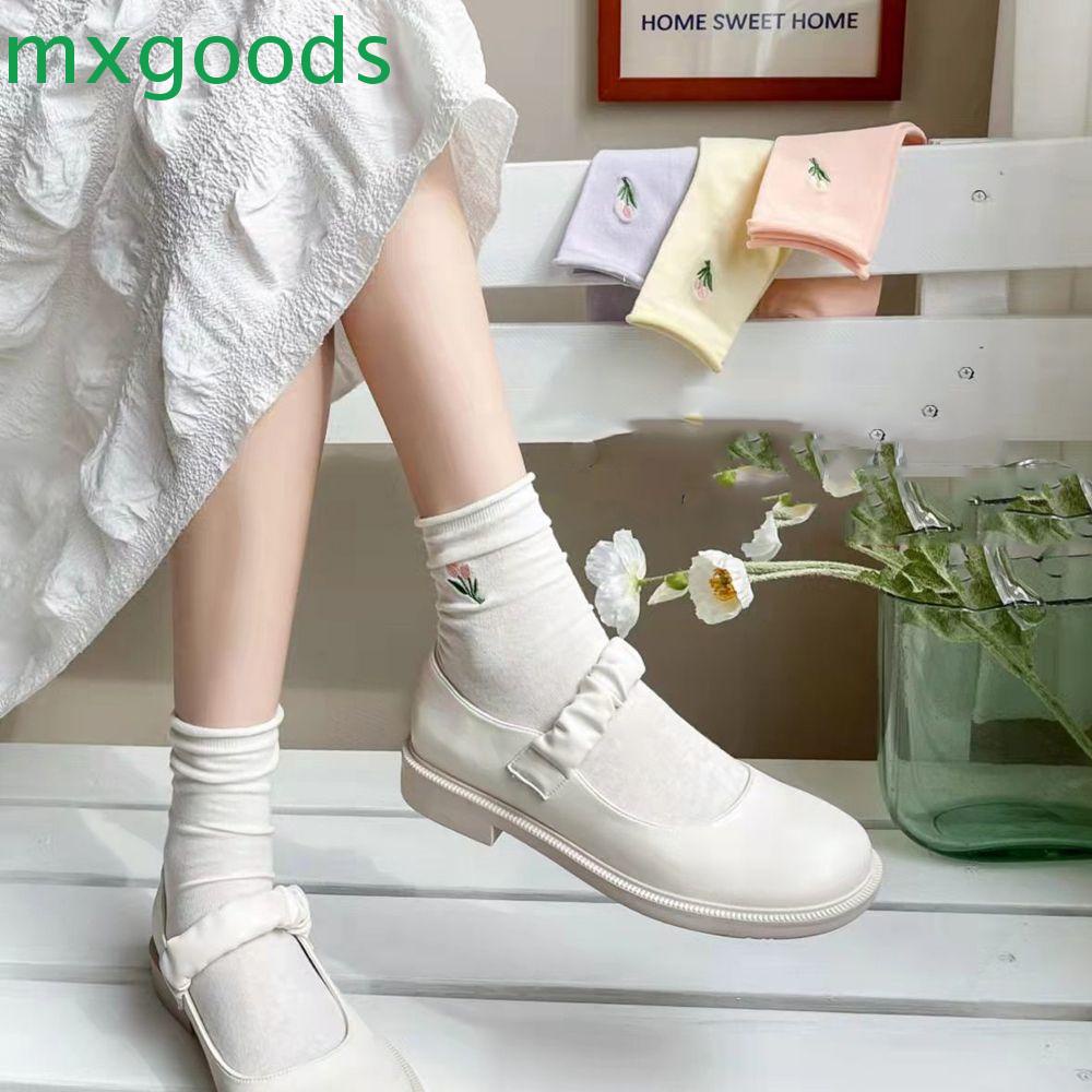 Vớ Cotton Màu Trơn Thoáng Khí Thêu Hình Hoa Tulip Thời Trang Cho Nữ
