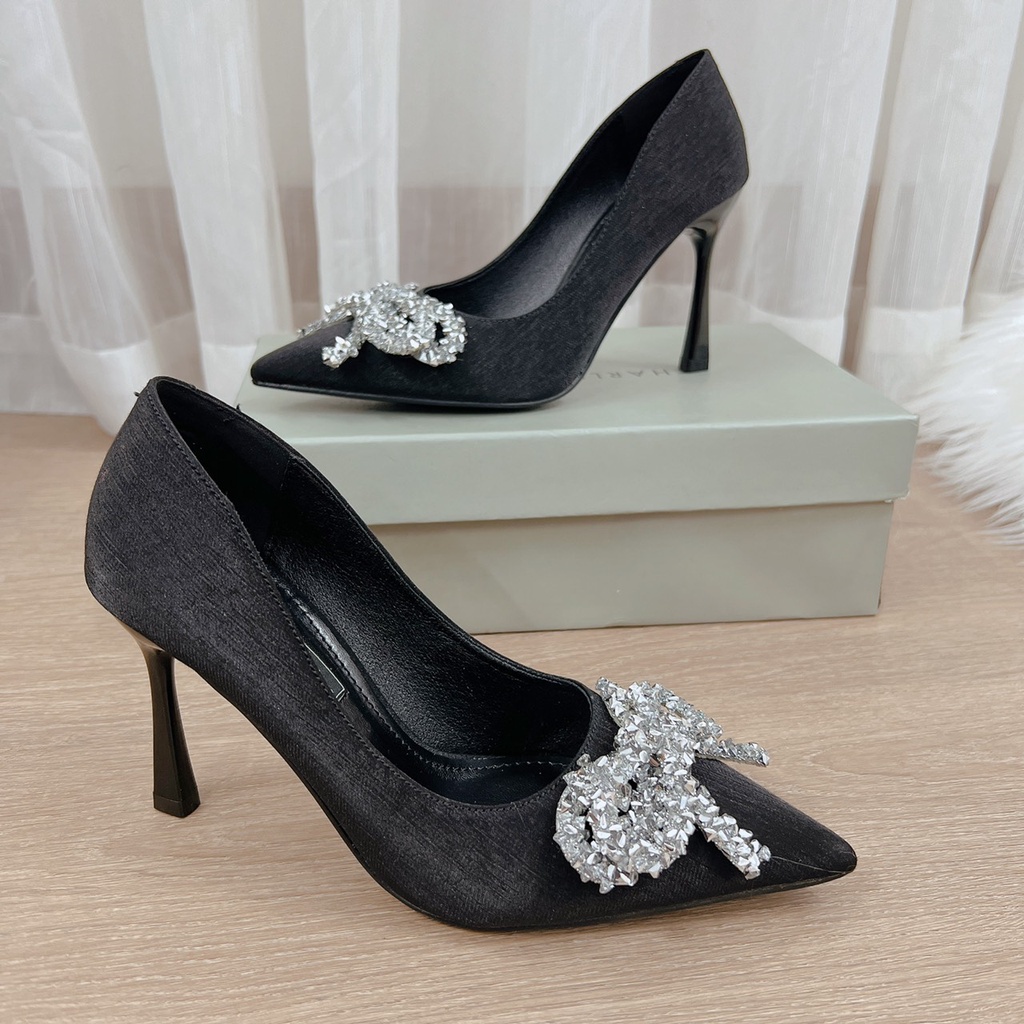 Bít gót 9p lụa xước phối nơ đá GN904