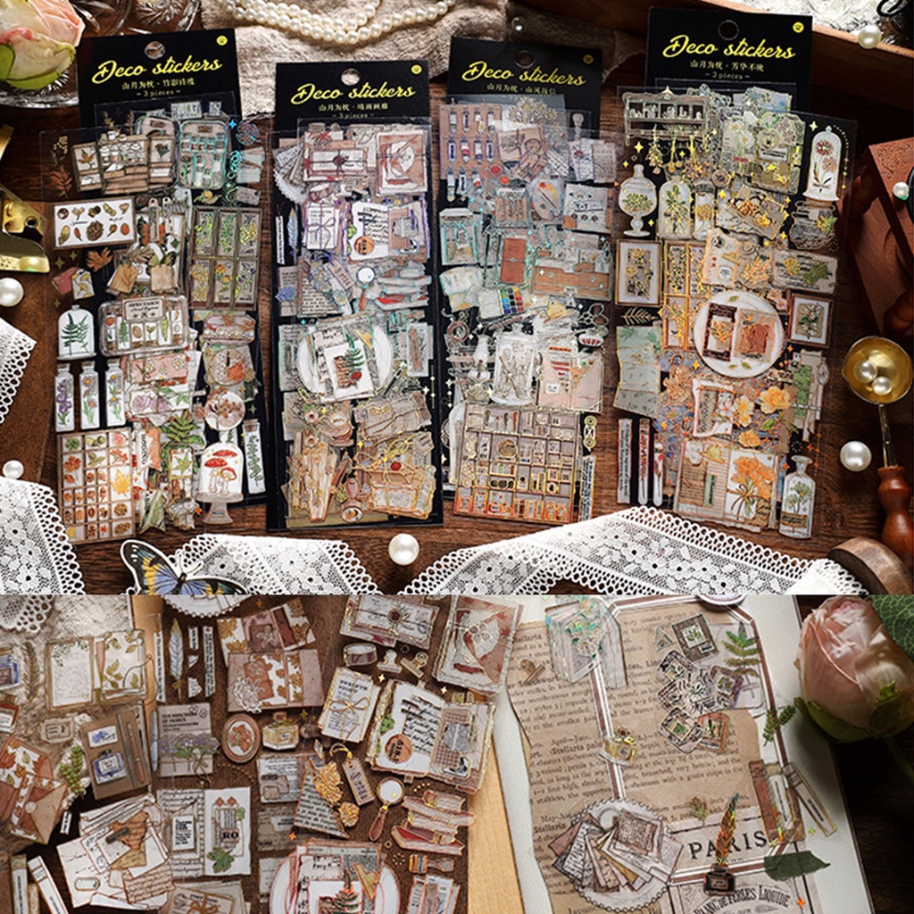 Set 3 tấm sticker PET lấp lánh mẫu các loại văn phòng phẩm lấp lánh