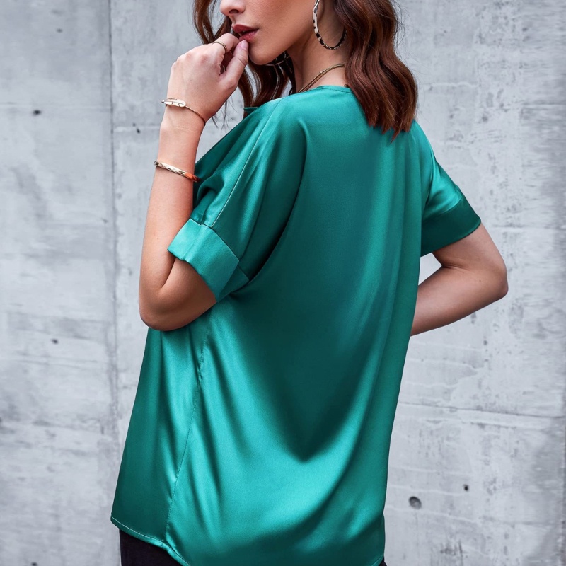 Xiangbao Áo Sơ Mi Satin Tay Ngắn Cổ Chữ V Dáng Rộng Vừa Vặn Cho Nữ